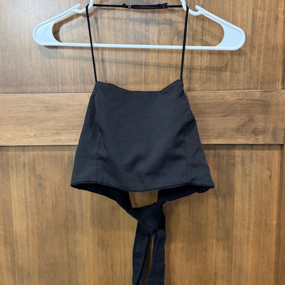 Zara Women Black Solid Halter Neck Tie Back Open Back Backless Crop Tank Top M